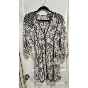 Magali Pascal Bali Black Floral Print Lattice Trim Mini Dress Size Small - M